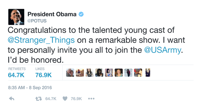 Illustration for article titled So Cool! Obama Just Invited The Kids From āStranger Thingsā To Join The Army